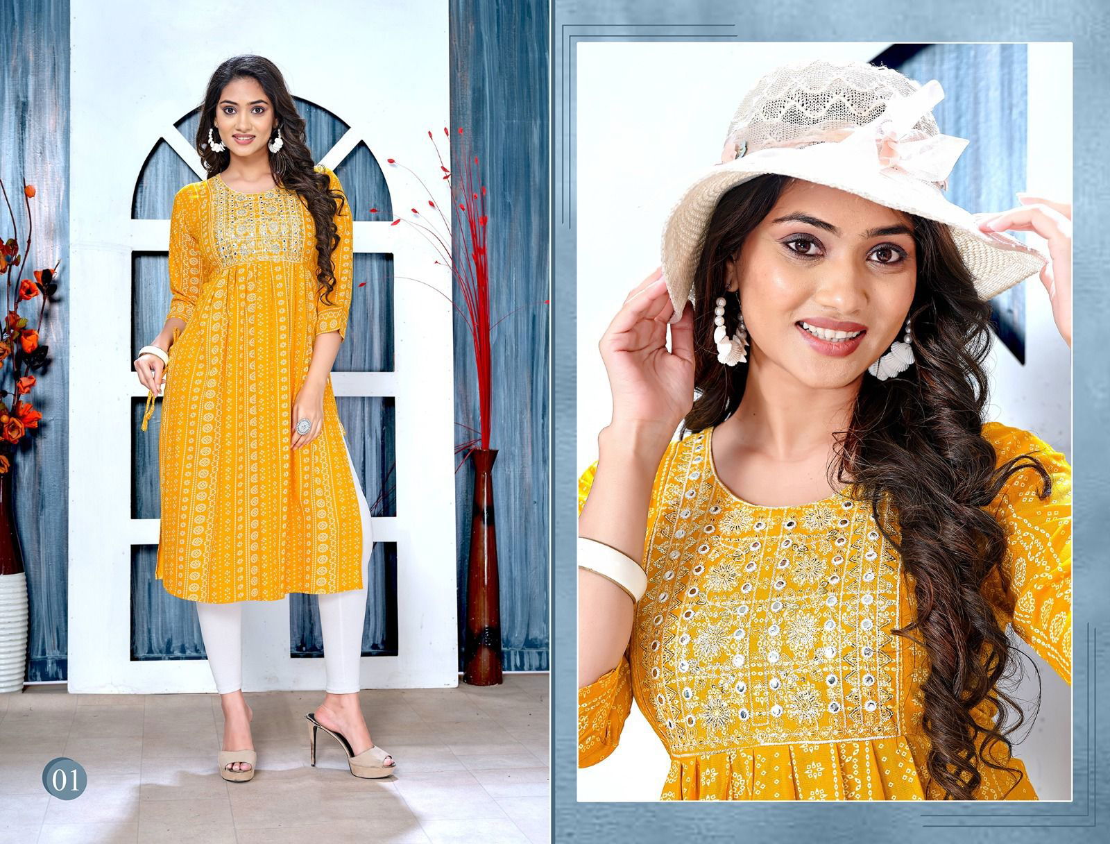 Golden Blissfull 2 Rayon Printed Flared Naira Cut  Kurti Catalog
